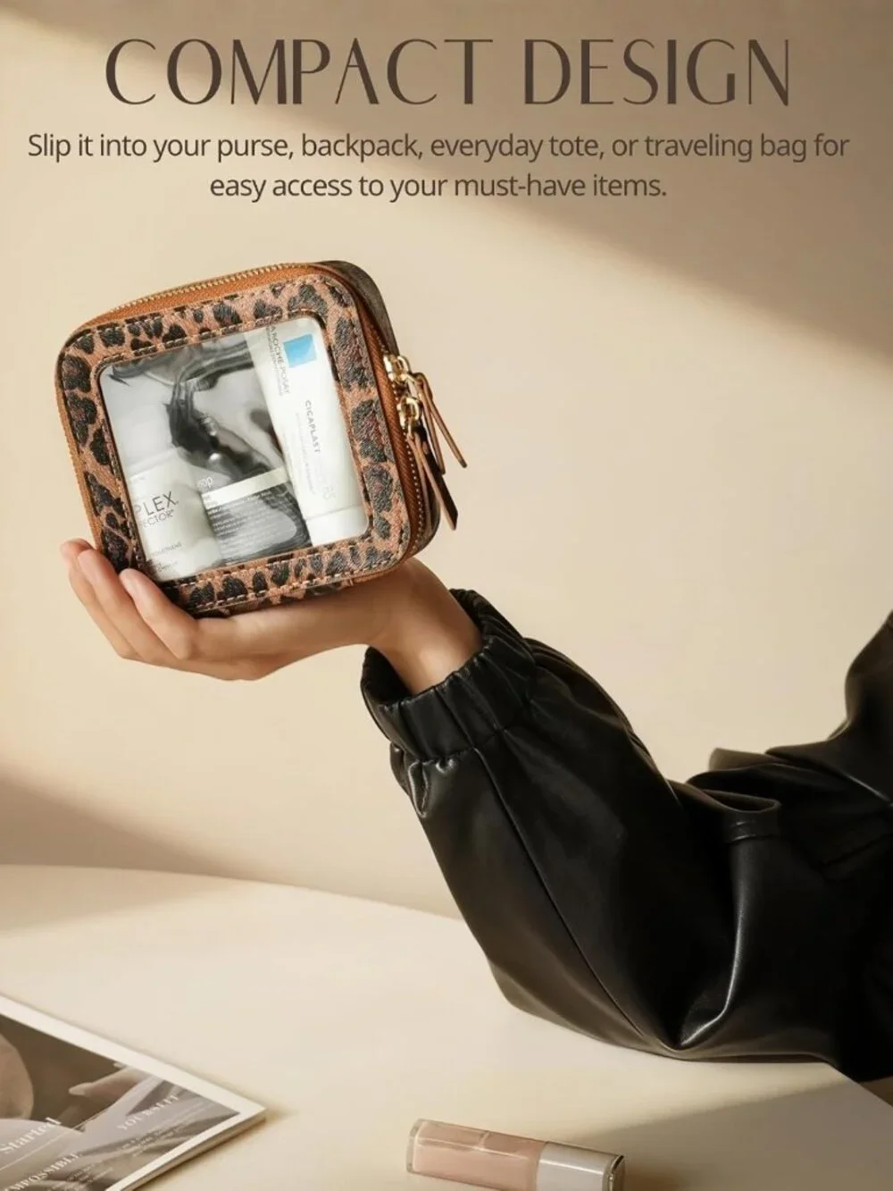 Clear Mini Makeup Bag - Cute Leopard Print Travel Pouch for Purse & Car